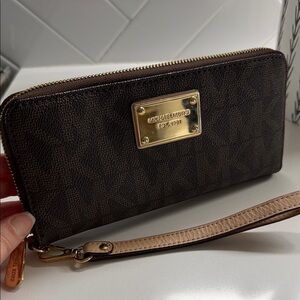 Michael Kors Dark Brown Wristlet with Gold Plate